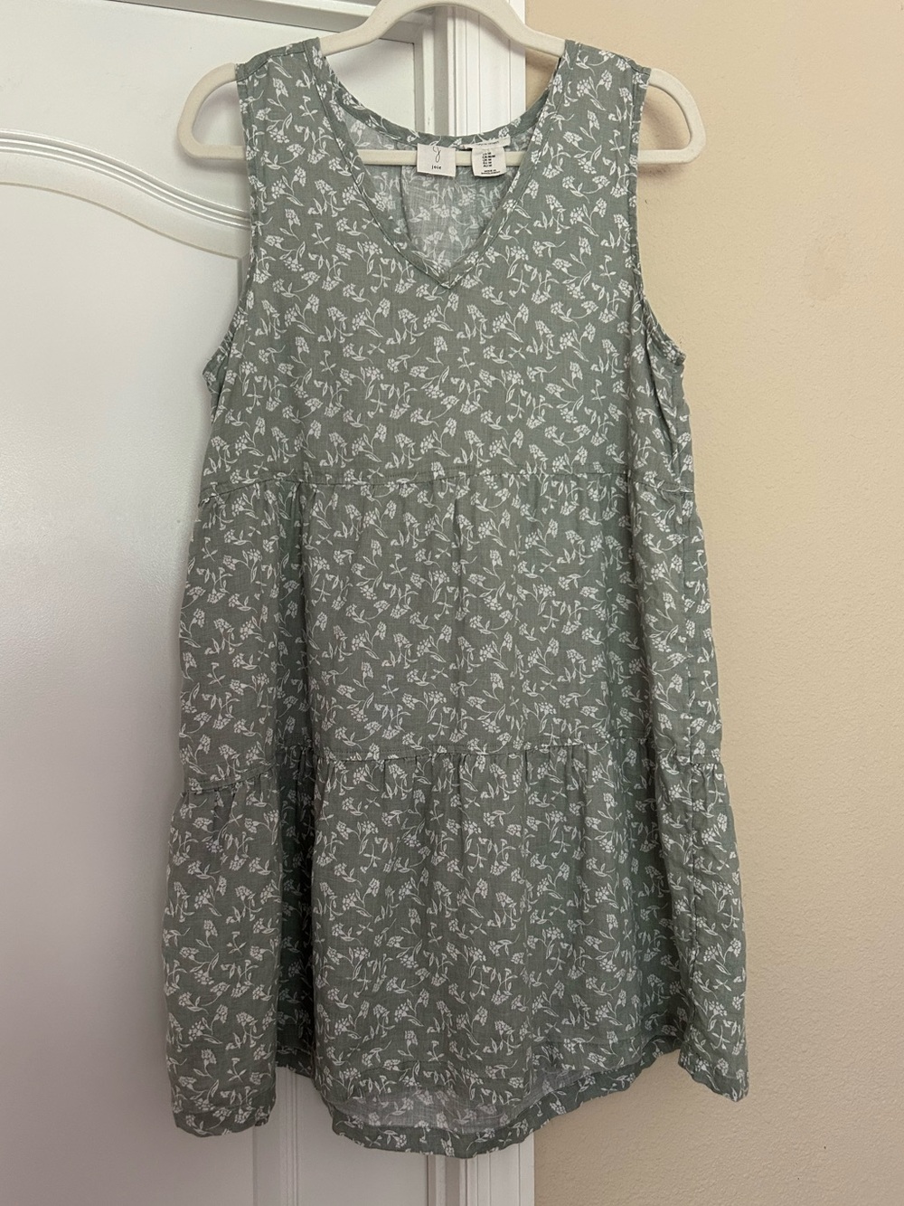 Joie Linen Tiered Sage Green Floral Sleeveless V-neck Mini Dress